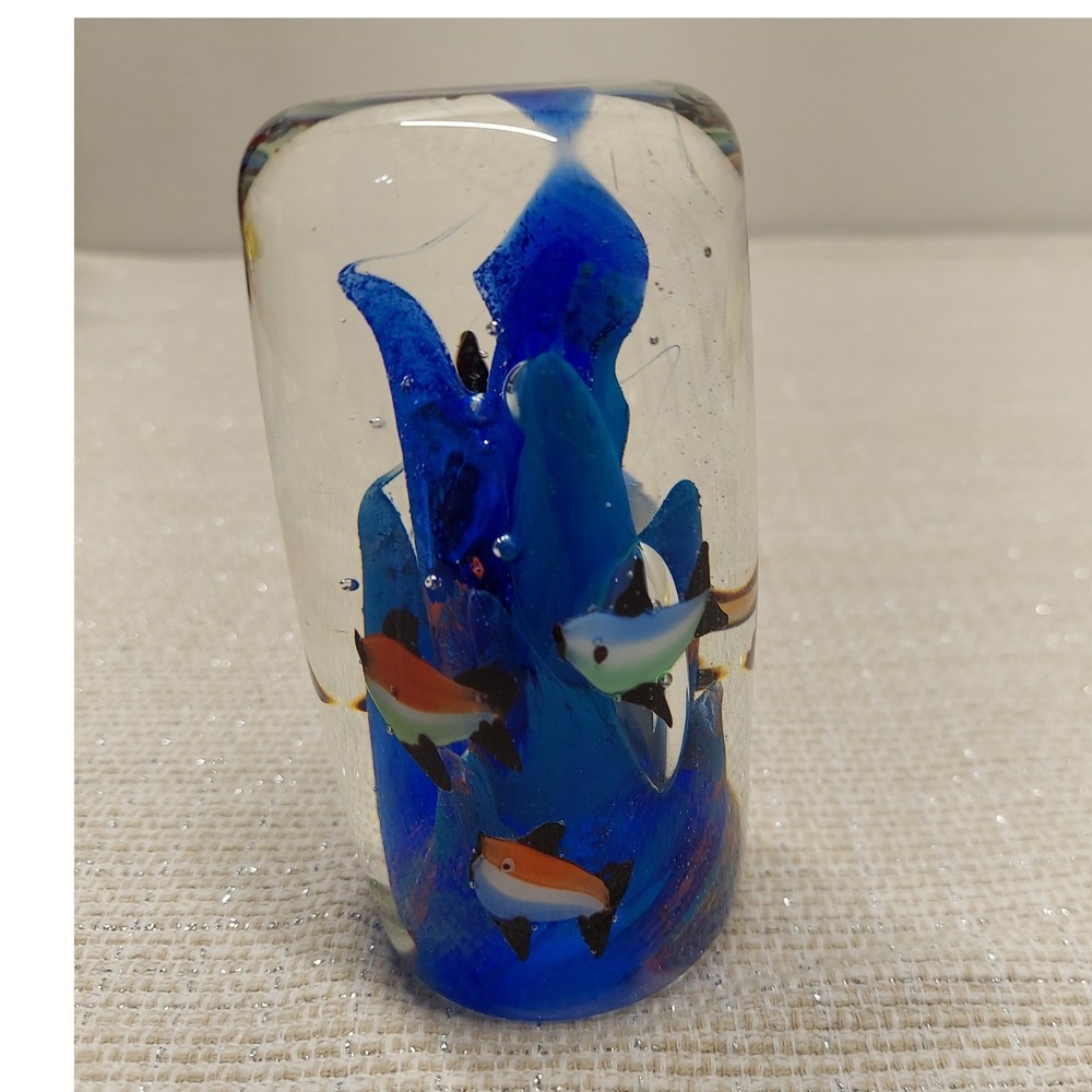 Art Glass Paperweight Tropical Fish Blue Coral Underwater Scene Cylinder 4.5" - Picture 2 of 12